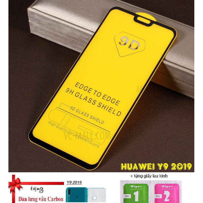 Huawei Y9 2019_Kính Cường Lực 9D Full Keo,Full Màn Tặng dán vân carbon