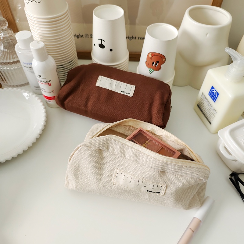 Túi Đựng Bút/ Mỹ Phẩm Bằng Vải Canvas Trơn Siêu Bền Phong Cách Vintage