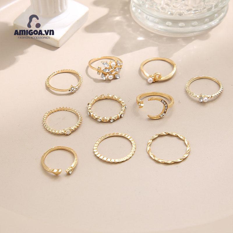 ✨✨set10 Nhẫn Đeo Tay Kim Loại Đính Đá Thời Trang Cho Nữ