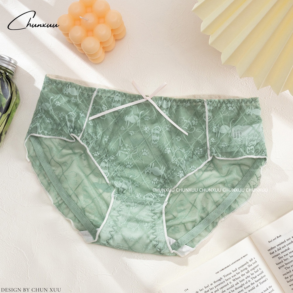 Quần lót ren nữ vải ren gấm cao cấp họa tiết mèo in chìm đính nơ dễ thương ChunXuu - QC130