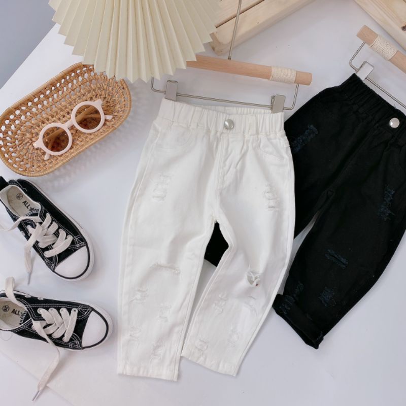 Quần kaki lưng thun phối cắt rách cho bé