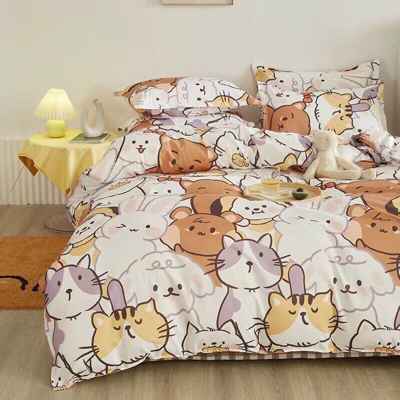 Bộ chăn ga gối Poly Cotton Mèo Thỏ nhí nhố đáng yêu (Tặng vỏ gối ôm) - Miễn phí bo chun