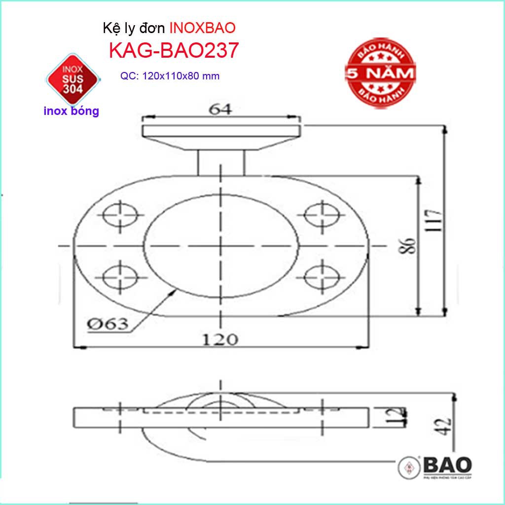 Kệ ly đơn Inox Bảo KAG-BAO237, giá ly bàn chải đánh răng SUS304 cao cấp siêu bền thiết kế tuyệt đẹp tiện dụng