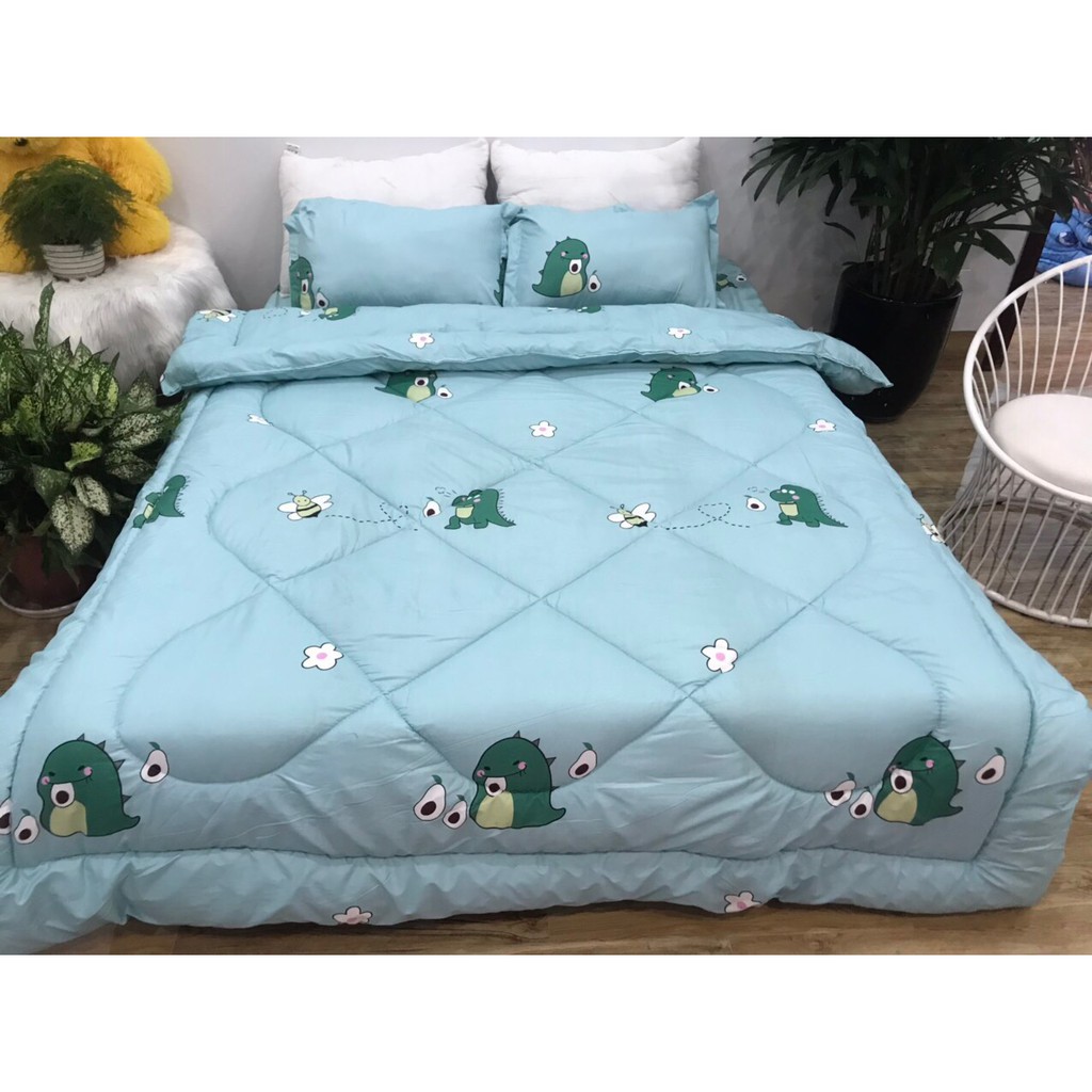 Bộ chăn phao ga gối poly cotton MẪU - khủng long bơ