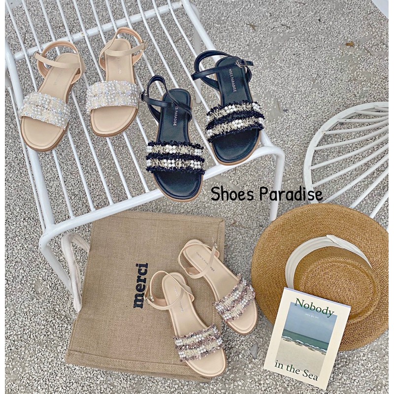 Giày sandal nữ giày sandal dây nữ ngang đi học đế bằng SHOES PARADISE