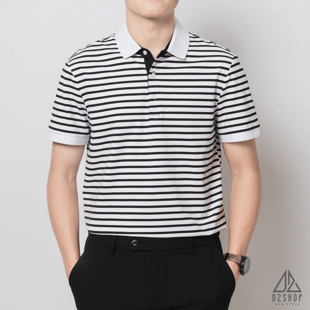 Áo thun polo nam D2shop, áo polo nam sọc ngang, màu trắng