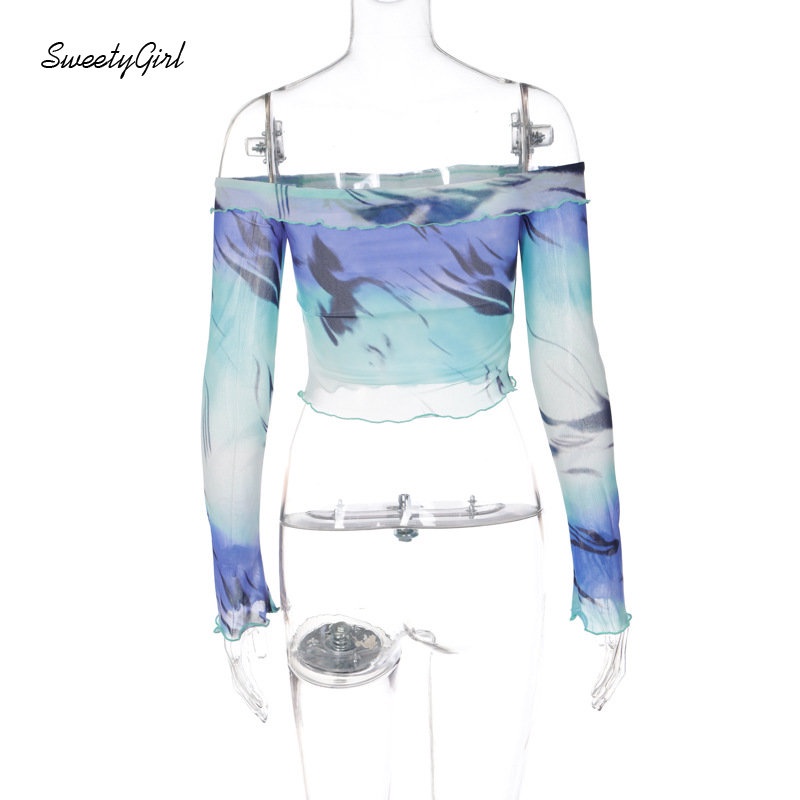 Áo Thun Tay Dài Dáng Ôm Hở Vai Họa Tiết Màu Nhuộm Thời Trang 2022 Dành Cho Bạn Nữ