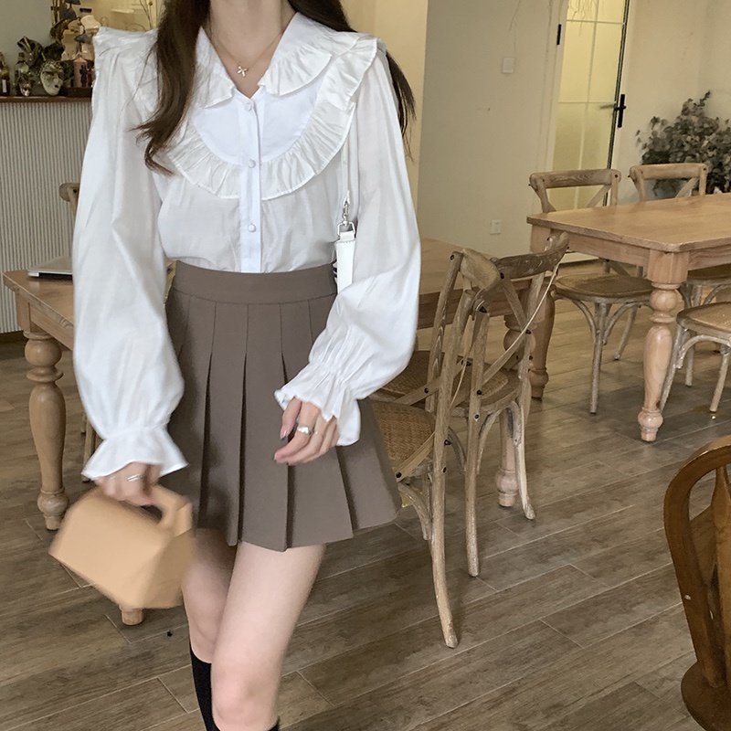 Áo sơ mi tiểu thư A.291, Áo kiểu cổ V thủy thủ viền cung ngực bèo nhún xếp tầng tay bo bèo nhẹ cách điệu sang chảnh