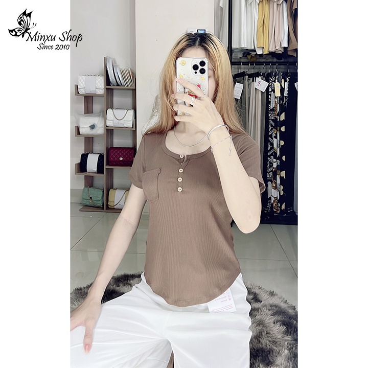 Áo thun tăm cúc ngực, áo thun kiểu tôn dáng cài cúc co giãn khoét đuôi tôm trẻ trung, cá tính Minxu Shop ATT