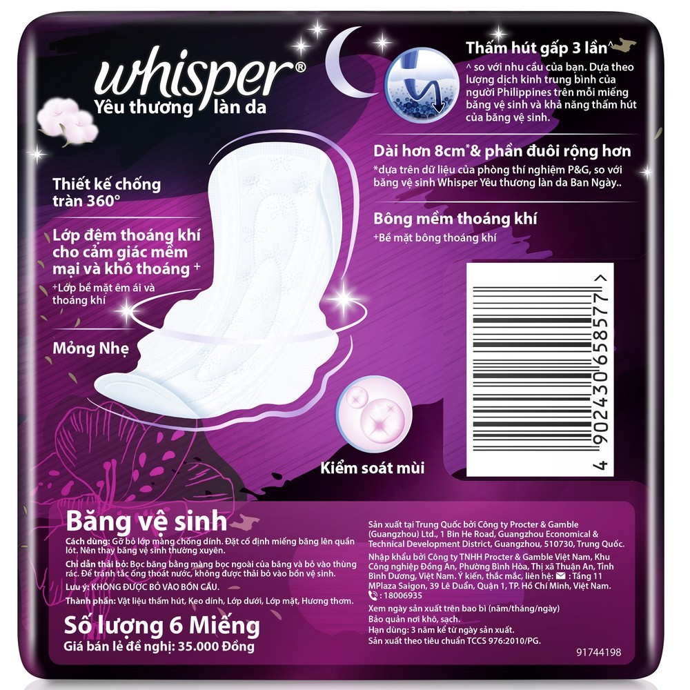 Băng Vệ Sinh Whisper Skinlove All Night Ultra Slim Wings 360 Leakage Protection Ban Đêm 31cm 6 Miếng