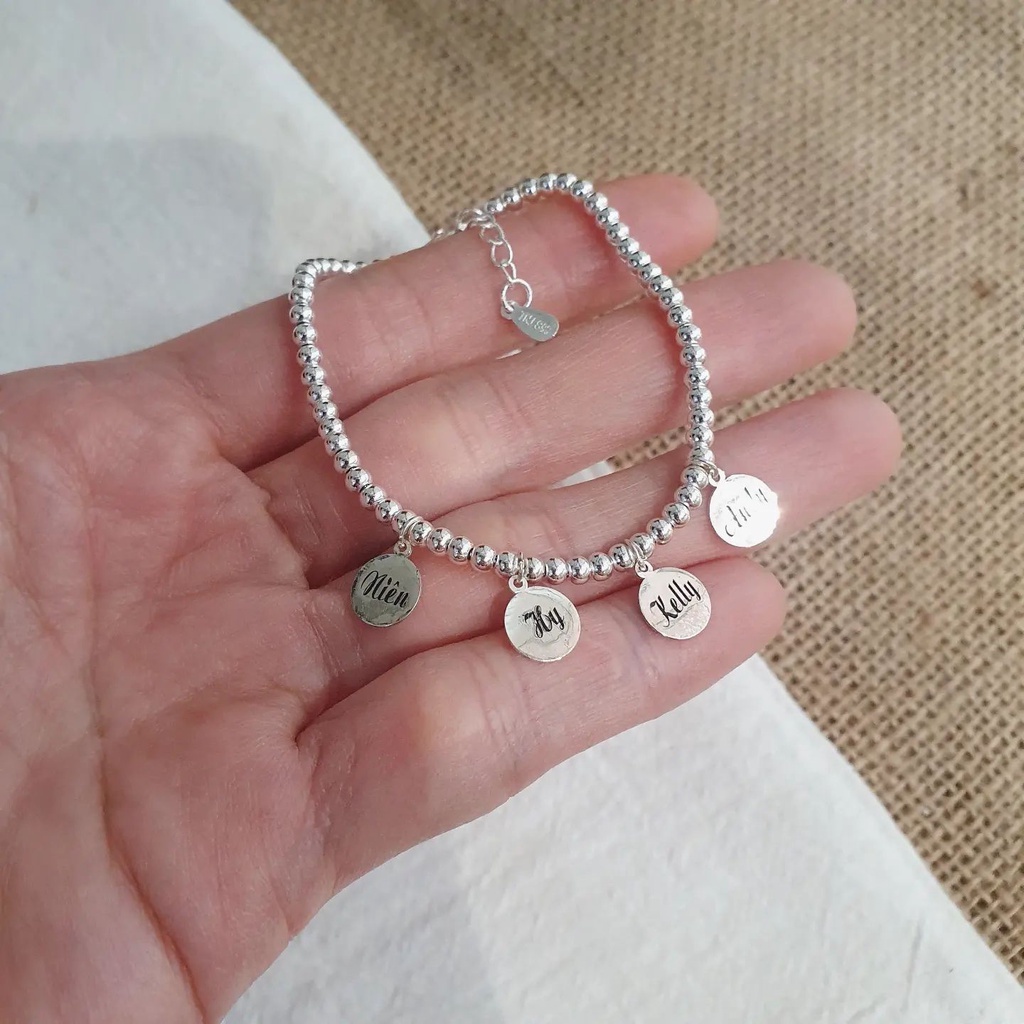 Lắc bi bạc ta nguyên chất treo chuông và con giáp theo tuổi và bảng tên bạc khắc laze theo yêu cầu cho bé và người lớn