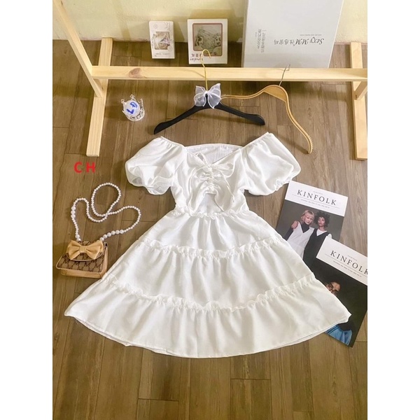 Váy rút dây khoét eo dáng xoè 2 màu Đen Trắng Đầm Dự Tiệc Cổ VBa tầng dài tay tiểu thư 2 lớp vintage Ullzang
