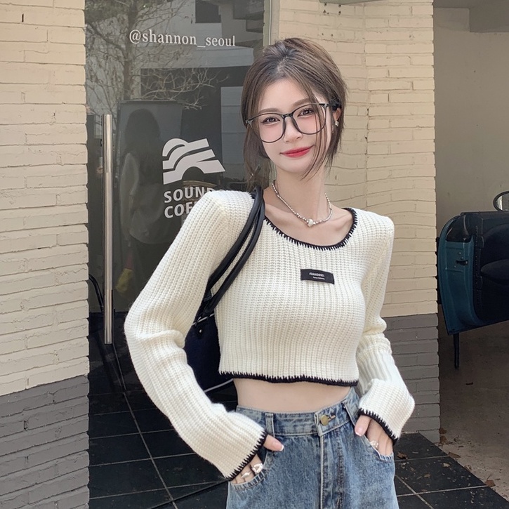 ZHELIHANGFEI Áo Dệt Kim Tay Dài Cổ Vuông Lưng Cao Quyến Rũ Thời Trang Cho Nữ