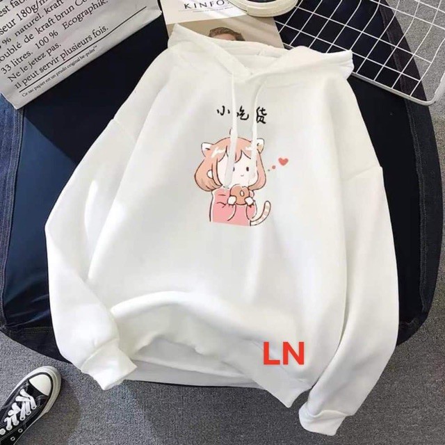 Áo hoodie cô gái tai mèo LN11, Áo nỉ Unisex from rộng, Chất nỉ ấm mặc không xù, thiết kế phong cách - MODY