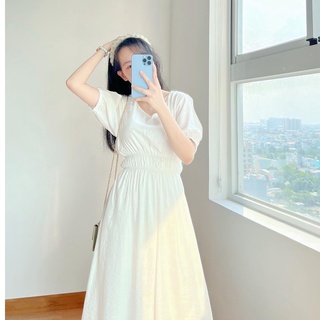 Đầm Trắng Cổ Tim Nhún Eo Xinh