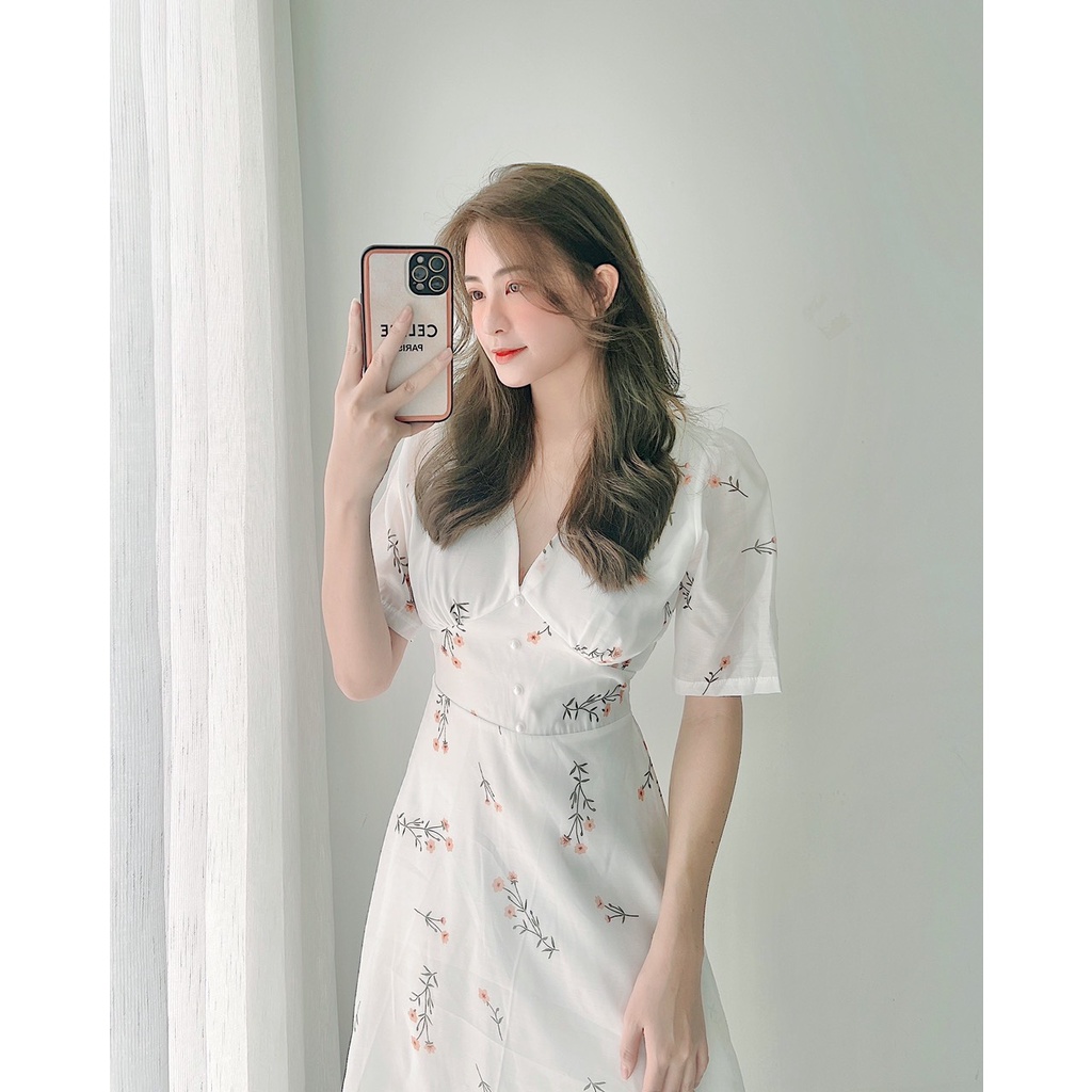 ĐẦM TƠ HOA MIDI RÃ NGỰC CỔ V