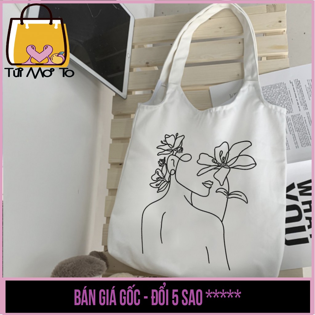 Túi tote vải canvas quai tròn có khóa kéo in hình cô gái đơn sắc - Túi Mơ To store