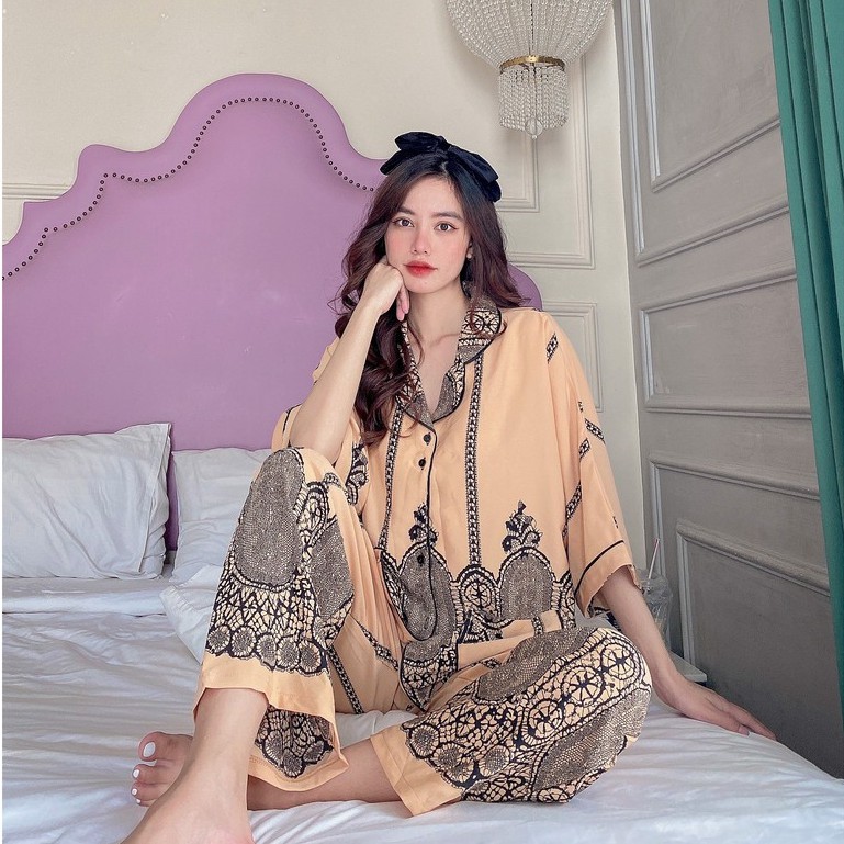 Đồ ngủ pijama nữ lụa cao cấp mặc nhà quần dài, đùi tay lửng cánh dơi chất liệu Mango freesize 129