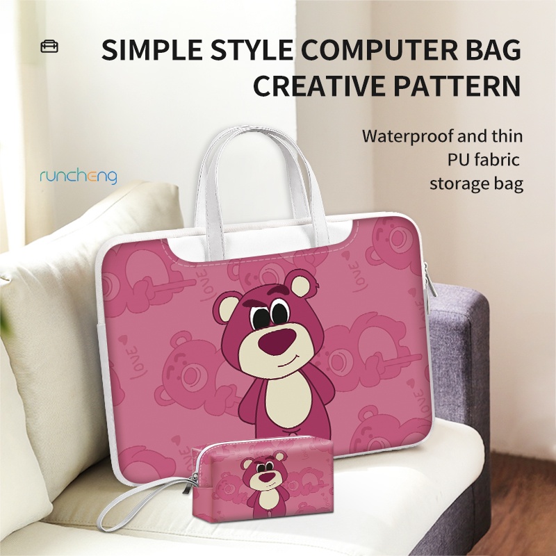 ☆Gói Điện Miễn Phí ☆Túi Đựng laptop Chất Liệu PU Chống Thấm Nước Họa Tiết Gấu Và Dâu Tây Kích Thước 12 13 14 15.6 17.3 inch