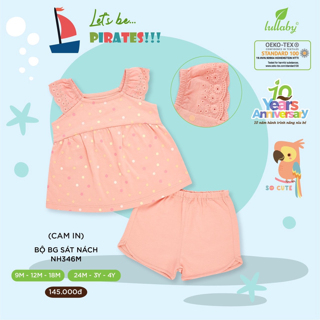 Bộ cộc tay vải Cotton mới nhất LULLABY hai dây cánh tiên đẹp cao cấp thấm hút tốt cho bé gái NHT03B NH346M