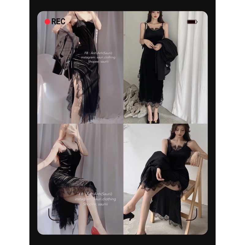 SẴN🖤Đầm dự tiệc 2 dây nhung pha ren sang chảnh quyến rũ sexy|Đầm suông maxi xẻ tà ren basic ôm body dáng dài