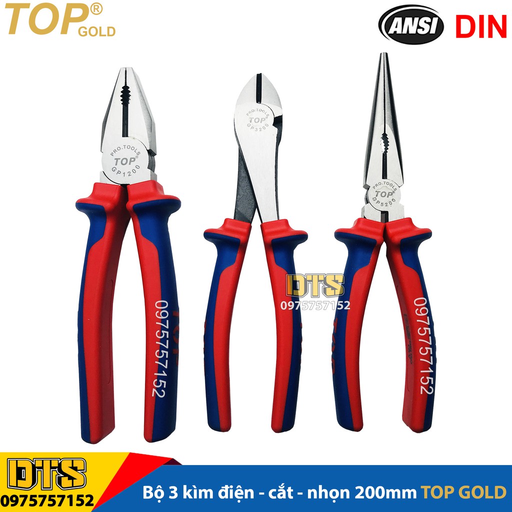 Bộ 3 kìm điện - cắt - nhọn trợ lực chuyên nghiệp TOP GOLD 200mm, thép Hi-Cr cao cấp, thiết kế cộng lực tiết kiệm 50% lực