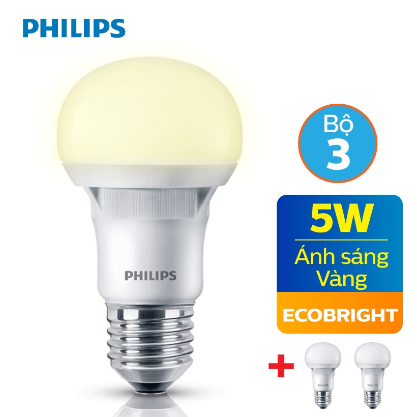 Bộ 3 Bóng đèn LED Philips Ecobright 5W 3000K E27 A60 - Ánh sáng vàng