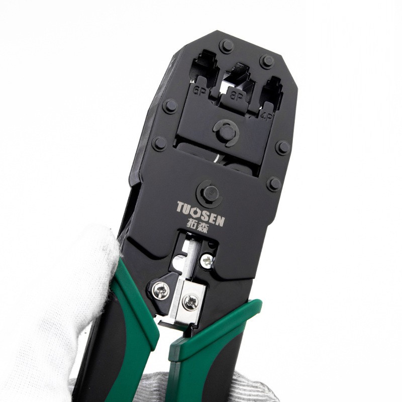 Kìm bấm mạng đa năng (kềm cắt, tuôt, bấm) với chất liệu thép các bon, tặng kèm kéo cắt vàng - Một sản phẩm của Tuosen