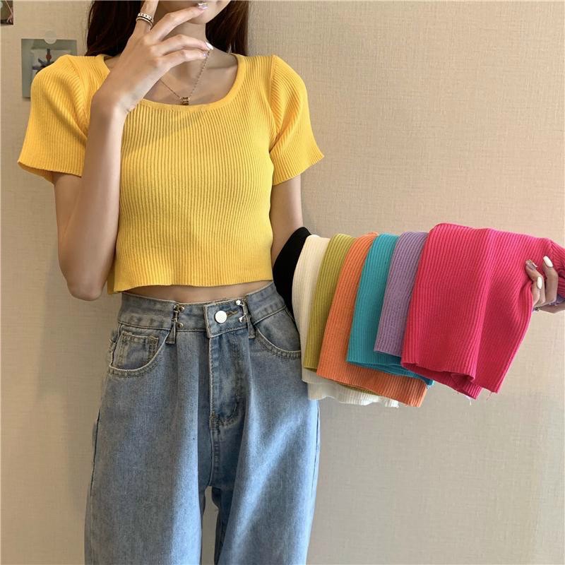 ÁO CROPTOP THUN GÂN CỔ TRÒN TAY NGẮN