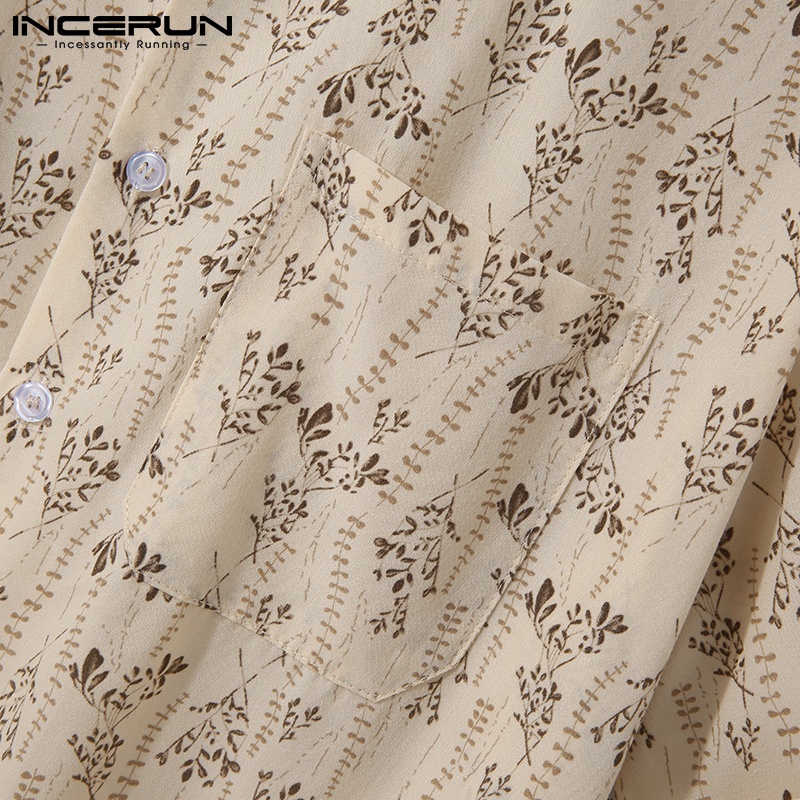 Áo sơ mi INCERUN cotton ngắn tay cài nút in họa tiết vintage thời trang thích hợp cho nam