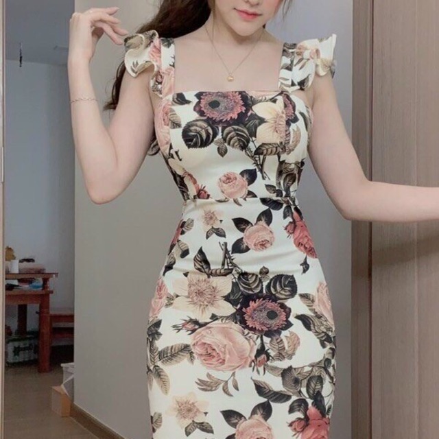 Đầm body tay cánh tien hoạ tiết hoa xinh lung linh