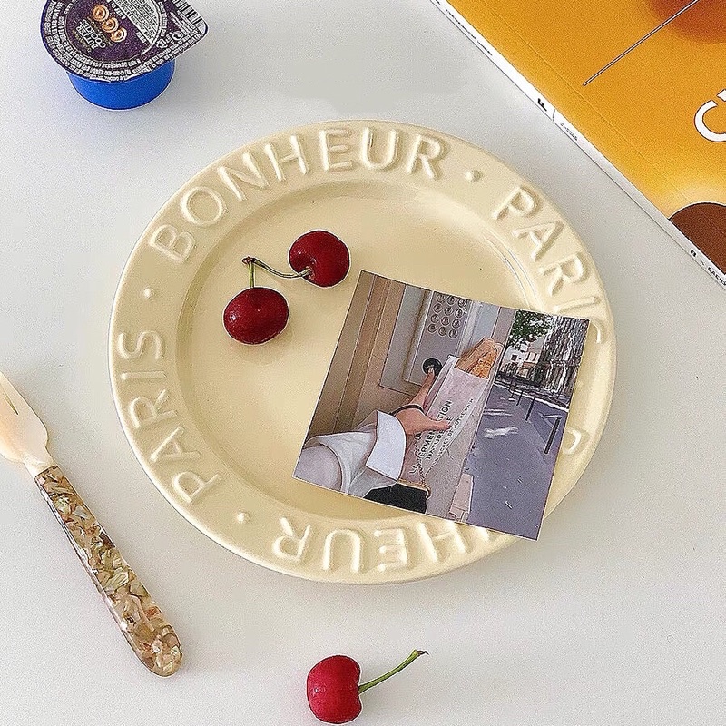 Đĩa sứ cao cấp in chữ nổi Bonmi màu pastel phong cách Hàn quốc