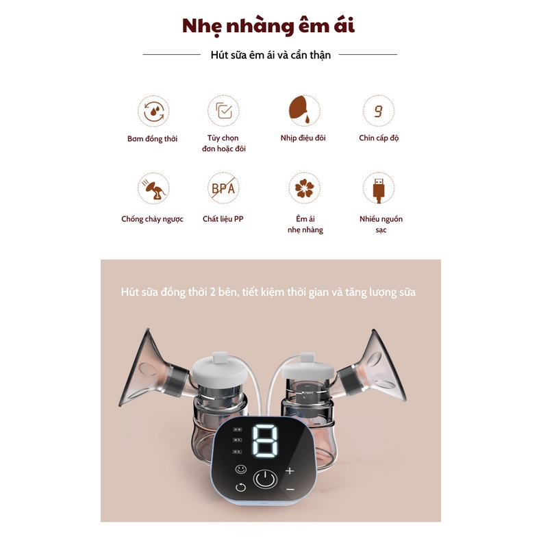 Máy hút sữa điện đôi Electric Breast Pump 3 chế độ 9 cấp hút