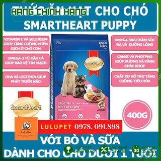 [HÀNG NHẬP KHẨU] Thức ăn hạt cho chó con SMART HEART Vị Thịt Bò và Sữa Gói 400g Xuất xứ Thái Lan/ thức ăn hạt chó mèo