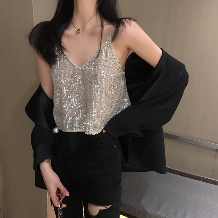 [CÓ SẴN - FREESHIP TỪ 50K] Áo hai dây kim sa lấp lánh cổ V sexy croptop