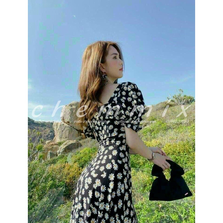 Đầm xẻ tà maxi cổ vuông tay phồng cúc họa mi ChemMix siêu xinh cho nàng đi biển, dạo phố