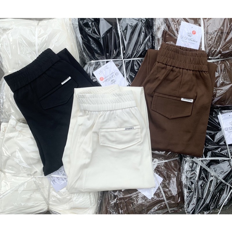 Quần baggy nữ trơn cạp chun 3 màu trắng, đen, nâu. Size S M L