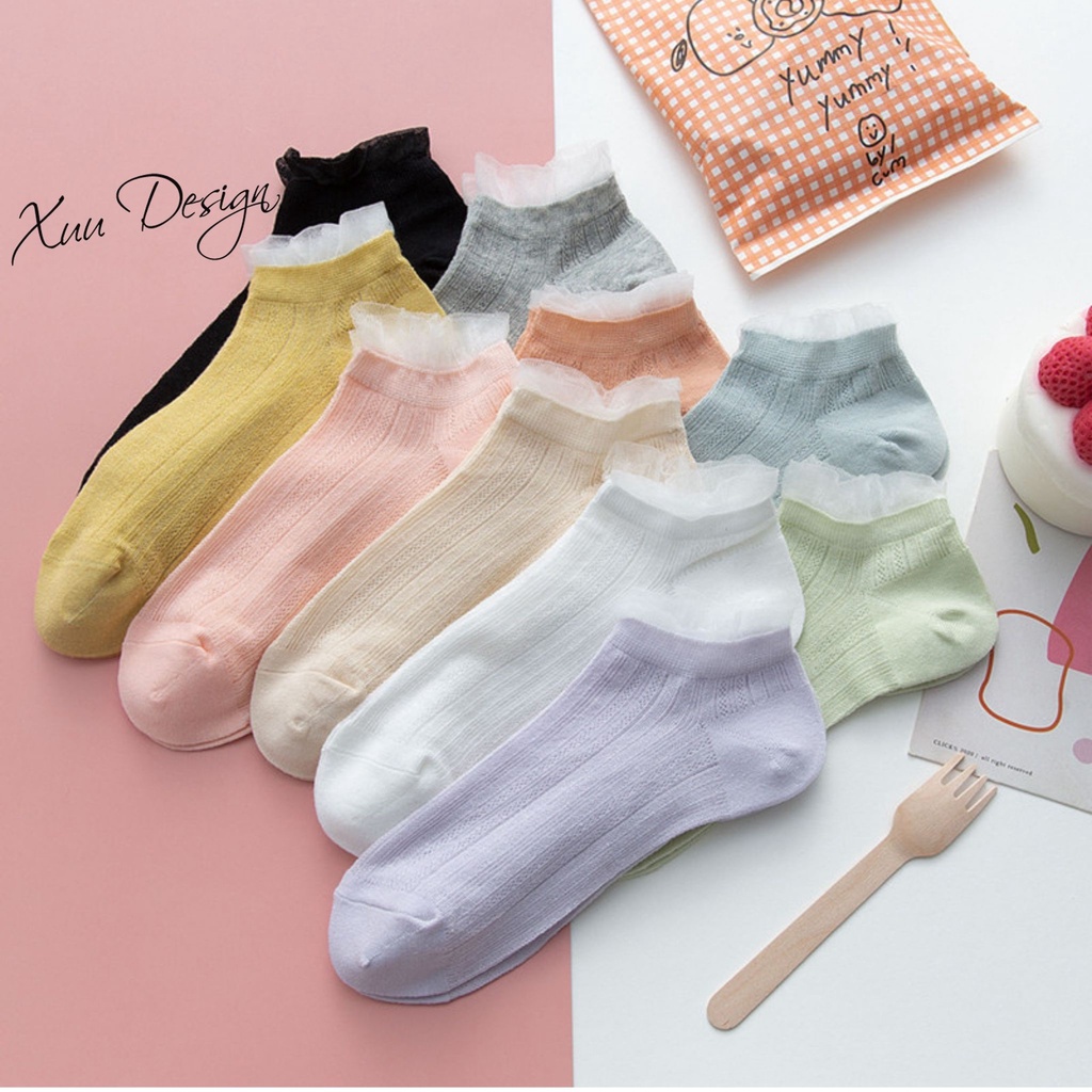 Tất nữ cổ ngắn viền phối lưới tiểu thư Xuu Design chất liệu cotton T06