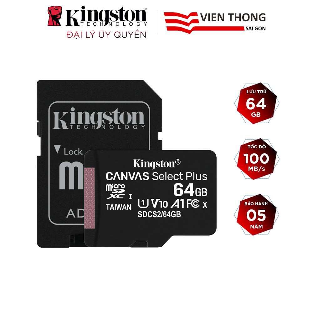 Thẻ nhớ micro SDXC Kingston 64GB Canvas Select Plus upto 100MB/s + Adapter | BigBuy360 - bigbuy360.vn