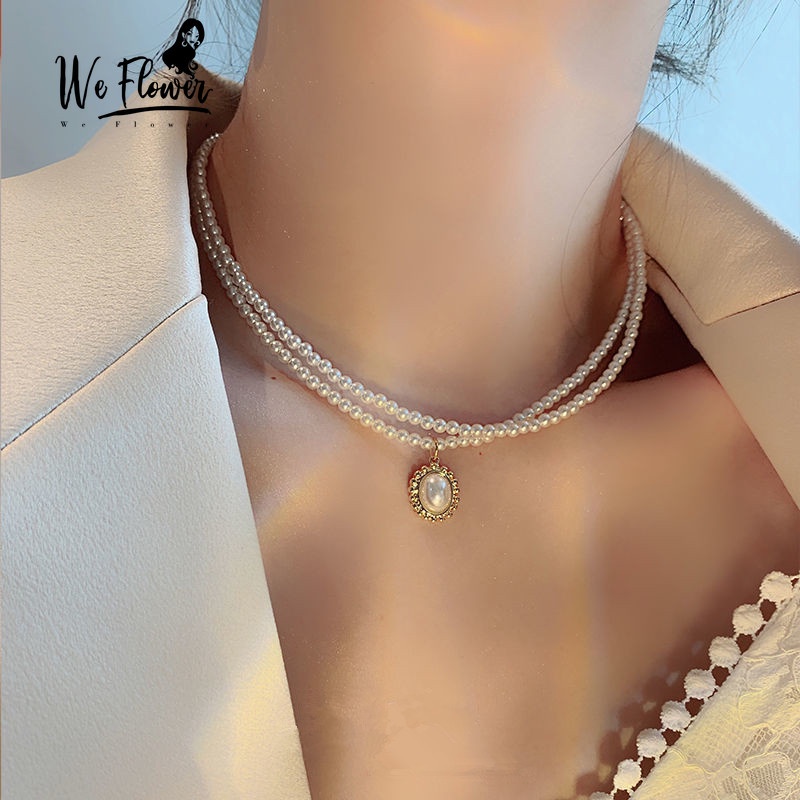 We Flower Vòng cổ choker đính ngọc trai giả 2 lớp vintage cổ điển cho nữ/bé gái