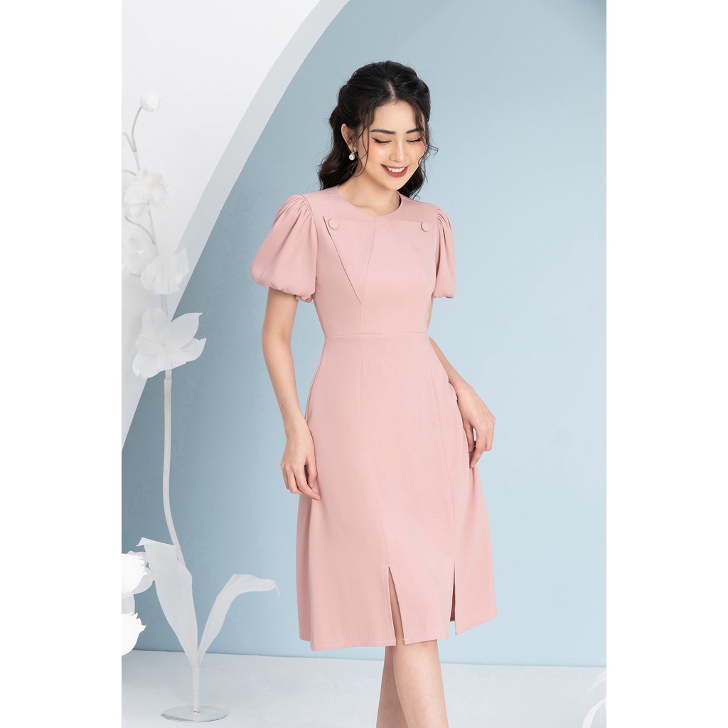 Đầm Thiết Kế Dáng Ôm A Luperi LFV3288 Tay Bồng Cổ Tròn Phối Túi Cúc Kết Hợp Chân Váy Xẻ Tà Trẻ Trung Chiều Dài Qua Gối