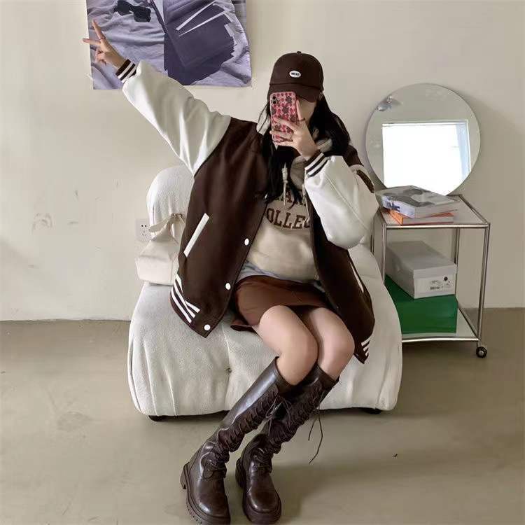 Áo Khoác Đồng Phục Bóng Chày Màu Nâu Phong Cách Retro Đường Phố Mỹ