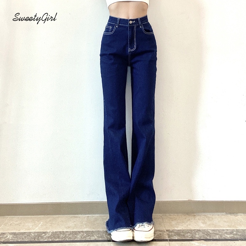 Quần Jeans Dài Ống Loe Lưng Cao Màu Trơn Thời Trang Cho Nữ