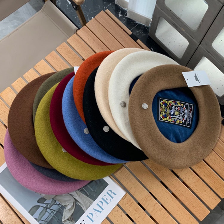 Mũ Beret Len Phối Nút Kim Loại Cao Cấp Thời Trang Mùa Thu Đông Theo Phong Cách Hàn Quốc Cho Nữ