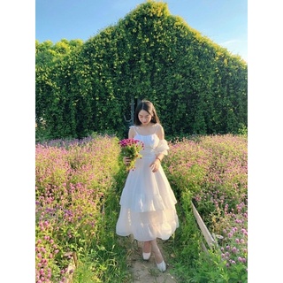 ĐẦM MAXI TRẮNG RỚT VAI BÈO (hình sàn thật)