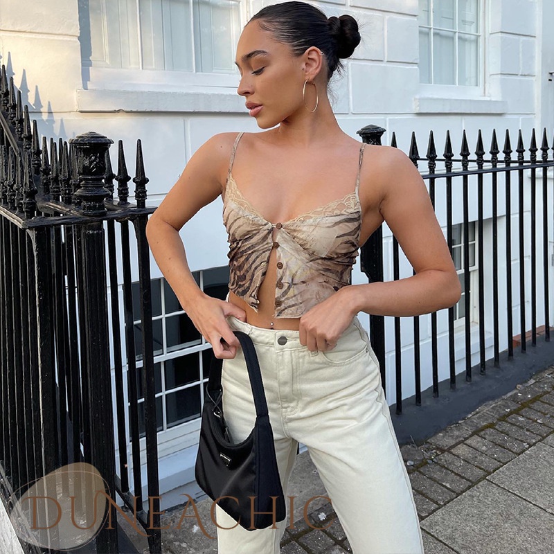 DUNEA Áo Croptop Cổ Chữ V Phối Ren Lưới In Họa Tiết Thời Trang Quyến Rũ Cho Nữ