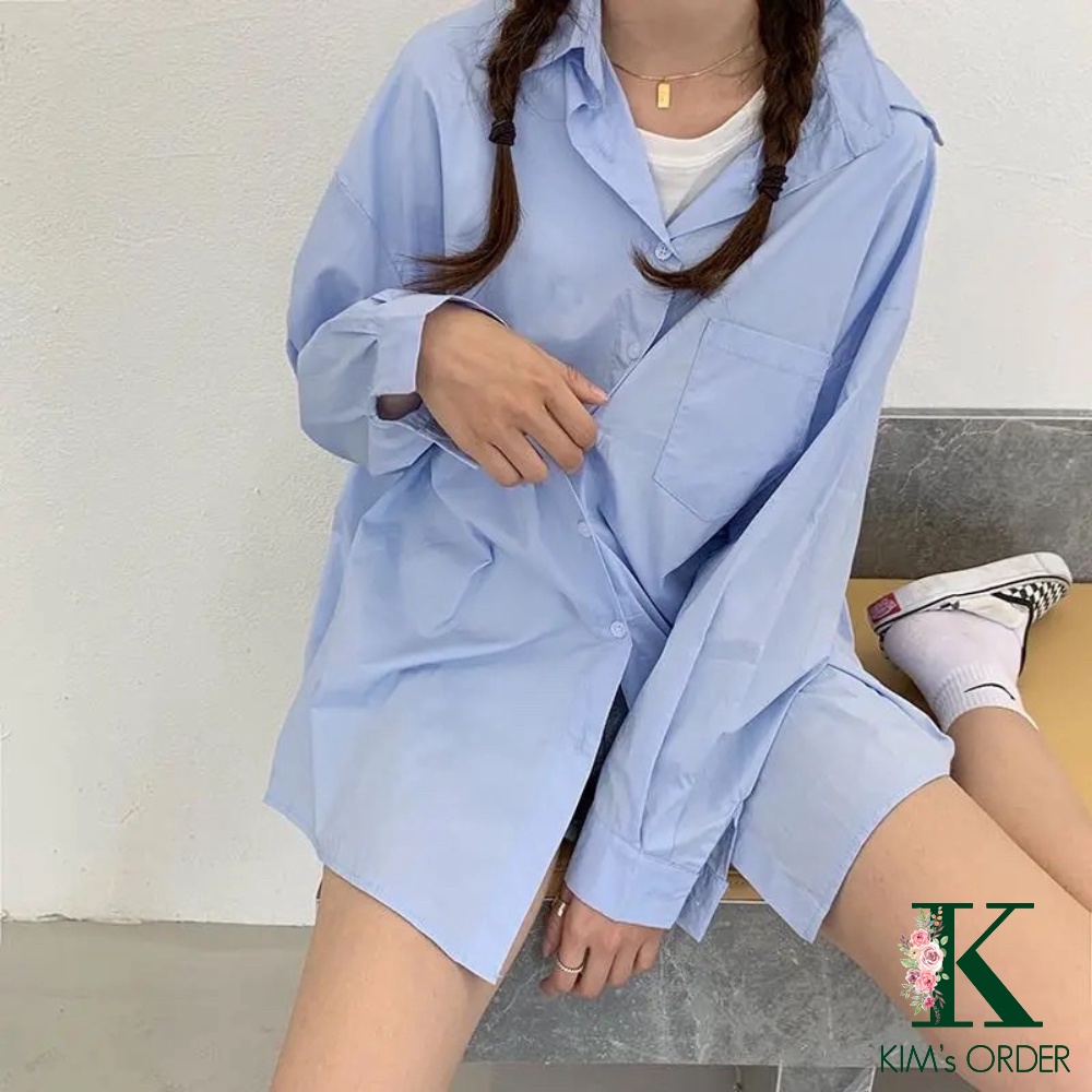 Áo Sơ Mi Nữ Màu Xanh Trắng Dáng Rộng Dài Tay Cổ Sơ Mi Phom Rộng Phong Cách Ulzzang Hàn Quốc Đi Học Đi Làm Đơn Giản Basic