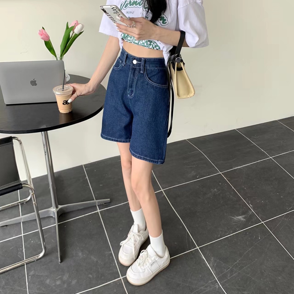SUXI Quần Short Denim Lưng Cao Màu Sắc Đơn Giản Phong Cách Vintage Dễ Phối Đồ Cho Nữ