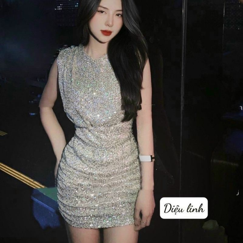Đầm kim sa co giãn thiết kế dự tiệc cao cấp màu đen/trắng