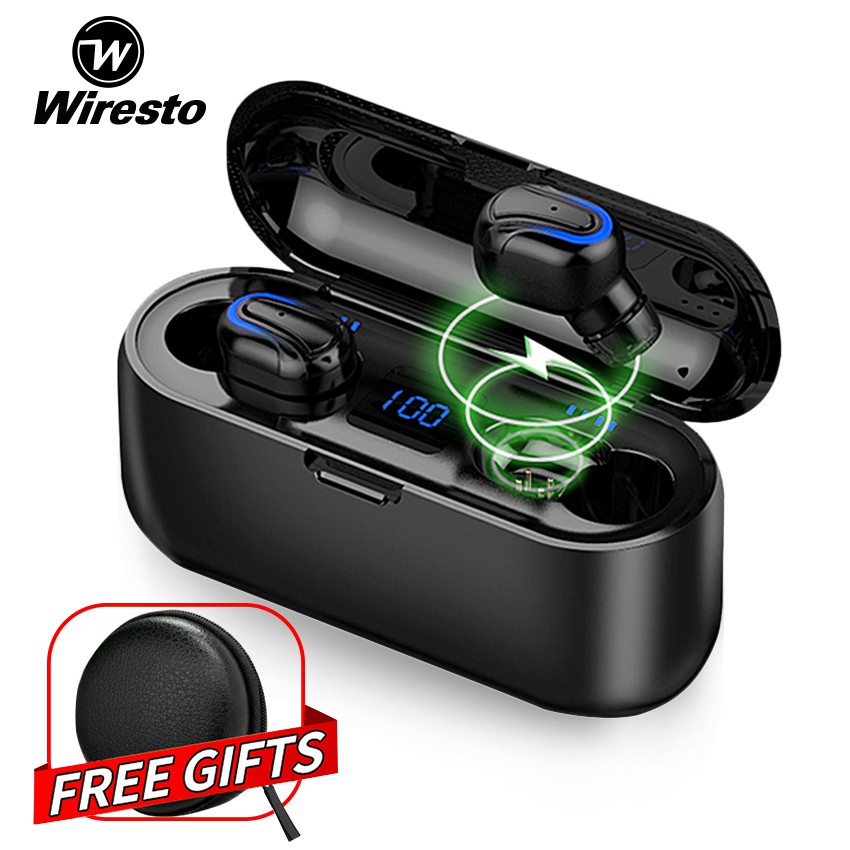 Tai Nghe Wiresto Mini Bluetooth Phiên Bản 5.0 Phong Cách Thể Thao Kèm Mic Và Hộp Sạc